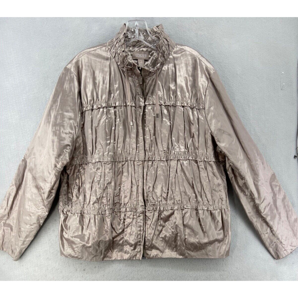 Chicos Jacket Sz 3 XLarge 16-18 Silver Metallic Crinkle Open Front Long Sleeve